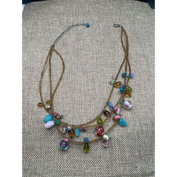 3 Strand Beaded Jelly Bean Glass And Other Glass Necklace Multicolored Silver - Picture 3 of 8